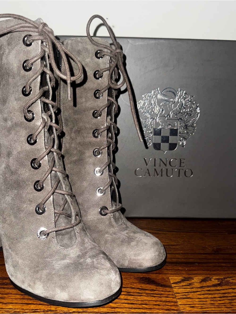 Vince Camuto Taupe Suede Lace-Up High Heel Boots